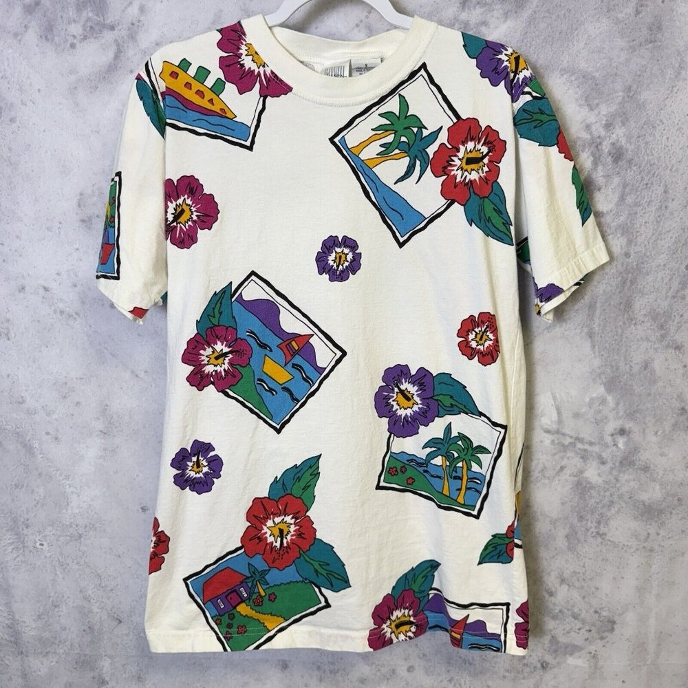 Vintage 90s Jason Maxwell T Shirt Adult Small White AOP Travel Flowers